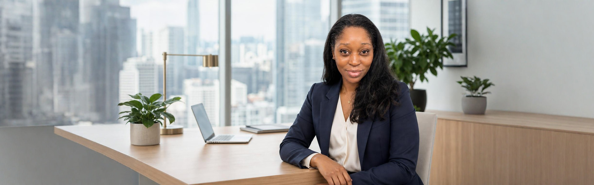 Shannon D. Smith seated at a desk in a bright, modern office with city views